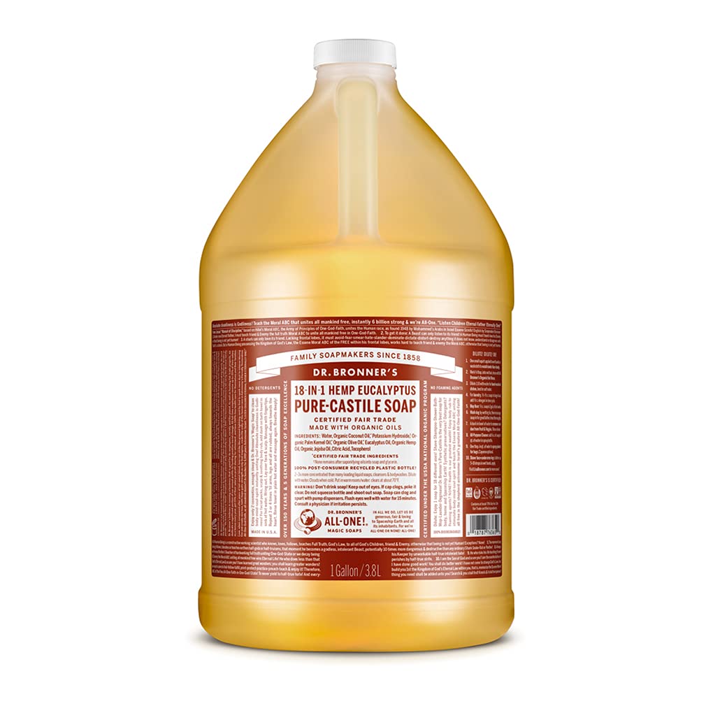 Dr. Bronner's - Pure-Castile Liquid Soap (Eucalyptus, 1 Gallon) - Made with Organic Oils, 18-in-1 Uses: Face, Body, Hair, Laundry, Pets and Dishes, Concentrated, Vegan, Non-GMO