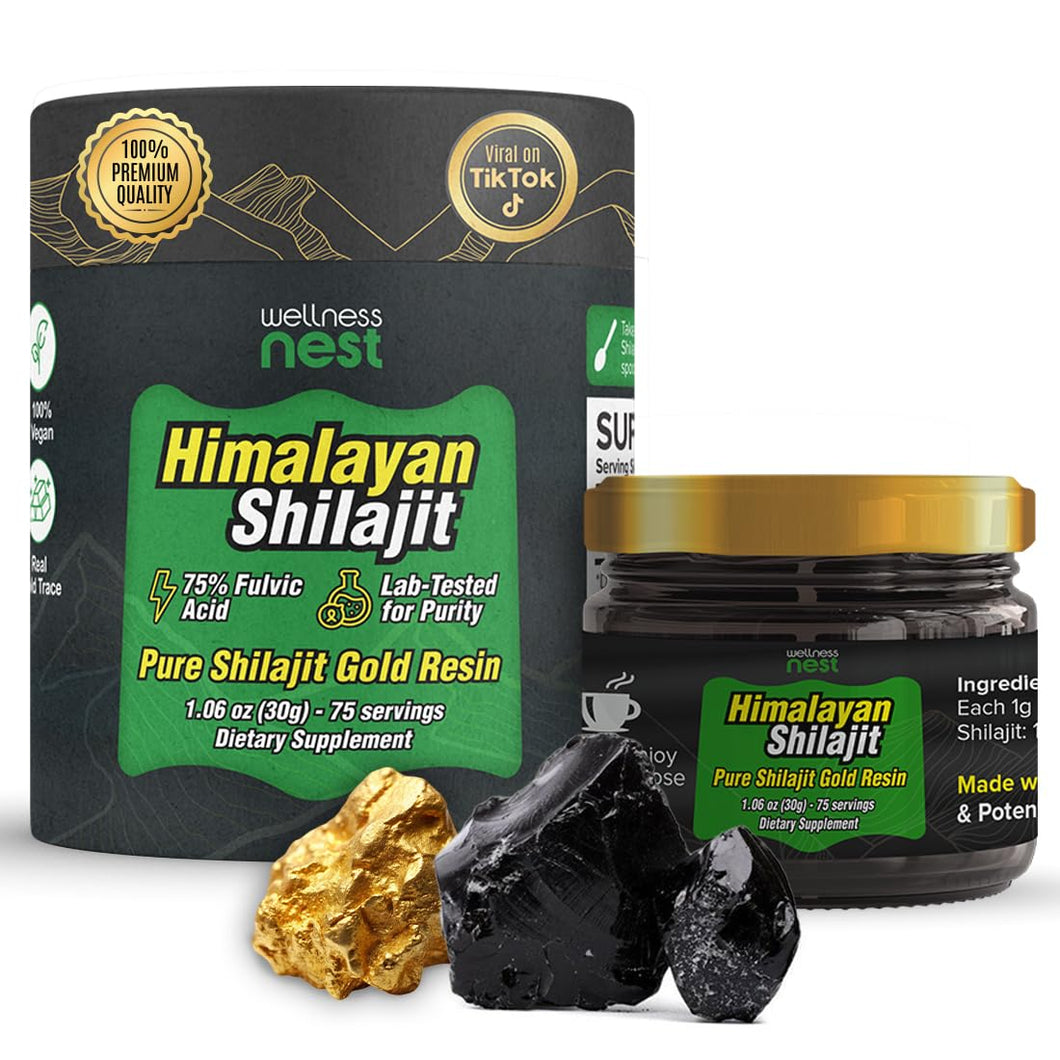 2 Pack Wellness Nest Gold Grade Pure Himalayan Shilajit Resin: Ultimate Potency for Men & Women - 24k Gold, 75%+ Fulvic Acid, Lab Test Report Included - 30g (1 Pack), 75 Servings