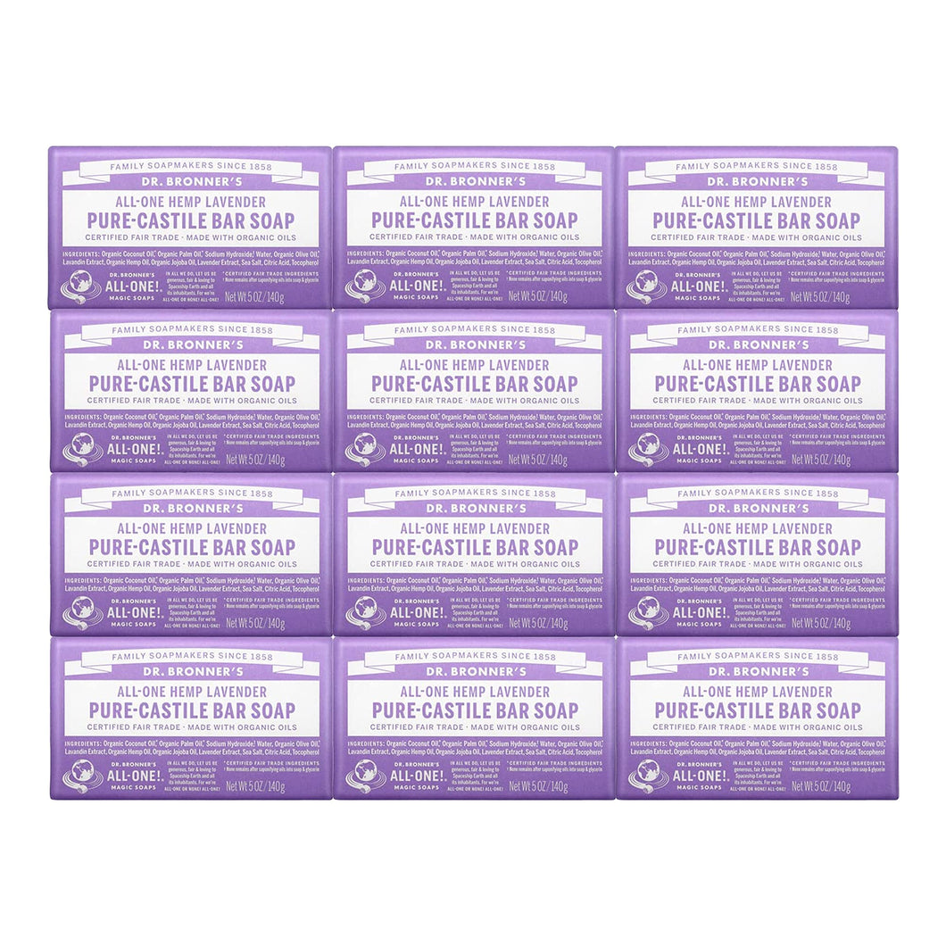 Dr. Bronner's - Pure-Castile Bar Soap (Lavender, 5 Ounce, 12-Pack) - Made with Organic Oils, For Face, Body & Hair, Gentle & Moisturizing, Biodegradable, Vegan, Cruelty-free, Non-GMO
