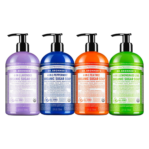 Dr. Bronner's - Organic Sugar Soap (12 oz Variety Pack) Lavender, Peppermint, Tea Tree, & Lemongrass - Made with Organic Oils, Sugar & Shikakai Powder, 4-in-1 Use: Hands, Body, Face & Hair | 4 Count