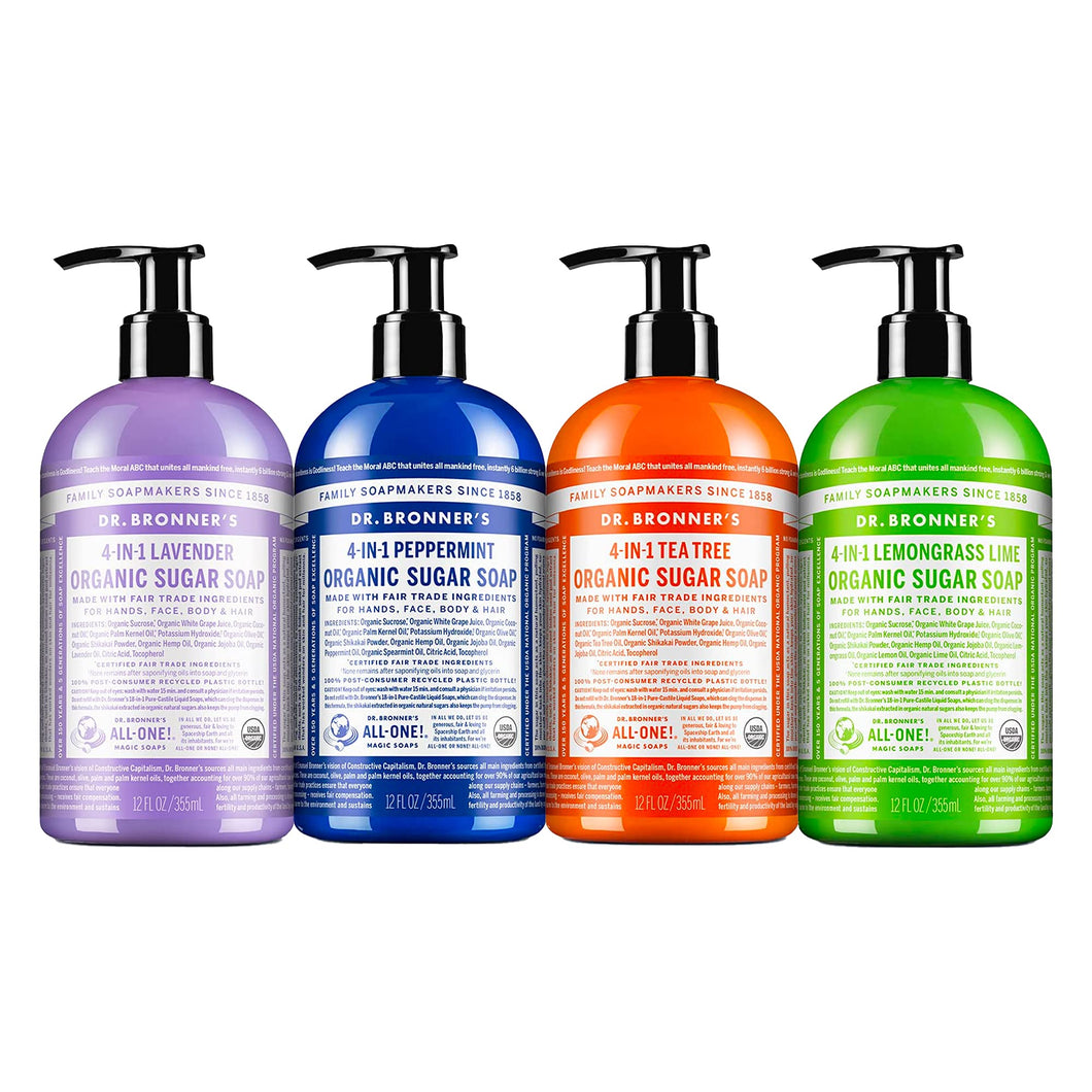 Dr. Bronner's - Organic Sugar Soap (12 oz Variety Pack) Lavender, Peppermint, Tea Tree, & Lemongrass - Made with Organic Oils, Sugar & Shikakai Powder, 4-in-1 Use: Hands, Body, Face & Hair | 4 Count