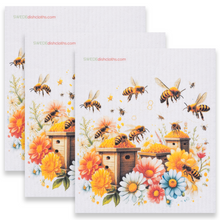 Load image into Gallery viewer, Eco-Friendly Swedish Dishcloths - Bees with Wood Beehive Set of 3 (Paper Towel Replacements)