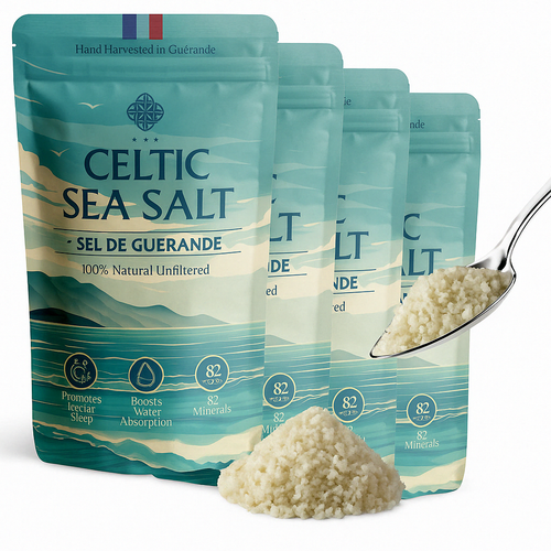 4 Pack  Celtic Sea Salt 500g | 100% Organic Unfiltered | 82+ Natural Minerals | Hand Harvested in Guerande, France | Coarse Grey | 500g