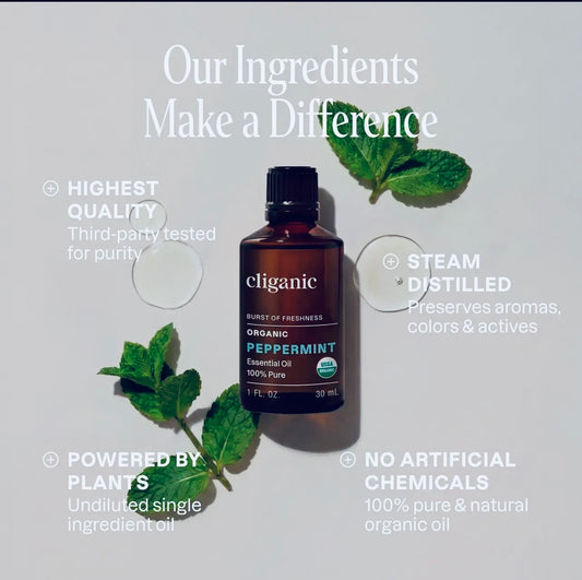 
1) Organic peppermint essential oil benefits label on box (steam distilled)  