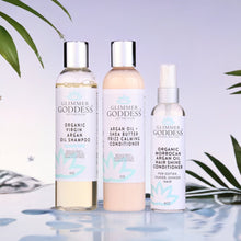Load image into Gallery viewer, Organic Argan Oil Hair Treatment Trio, Hydrating Shampoo, Deep Conditioner, and Hair Shine Spray