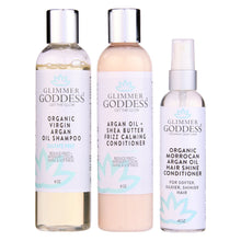 Load image into Gallery viewer, Organic Argan Oil Hair Treatment Trio, Hydrating Shampoo, Deep Conditioner, and Hair Shine Spray