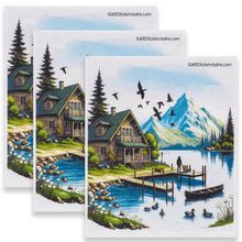 Load image into Gallery viewer, Eco-Friendly Swedish Dishcloths - Cabin on Lake Set of 3 (Paper Towel Replacements)